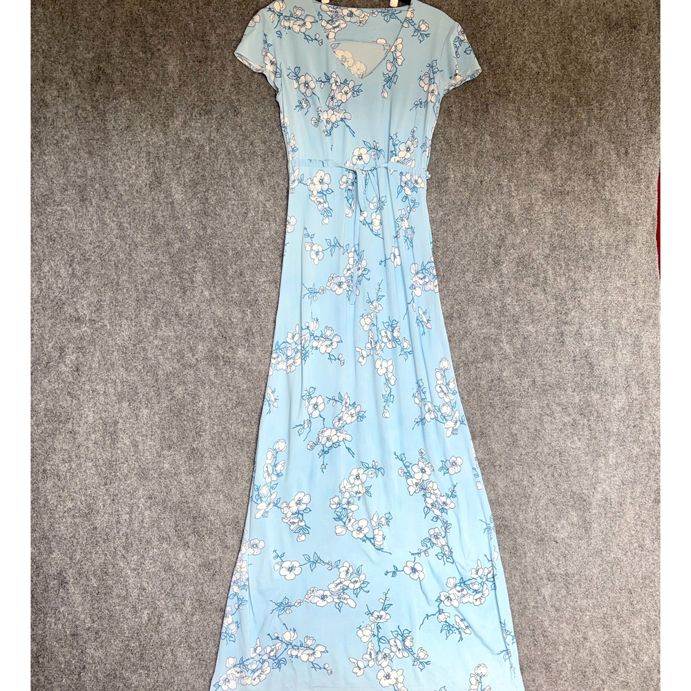 Blue Floral Maxi Dress Womens XS Tie Waist Short Sleeve Slip Style Side Zip